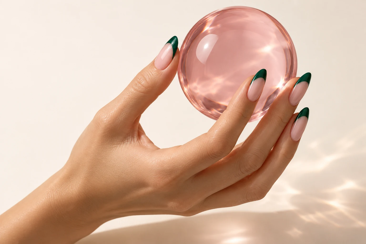 KI-Kampagnenmotiv: grüne French-Nägel mit einer rosa Glaskugel