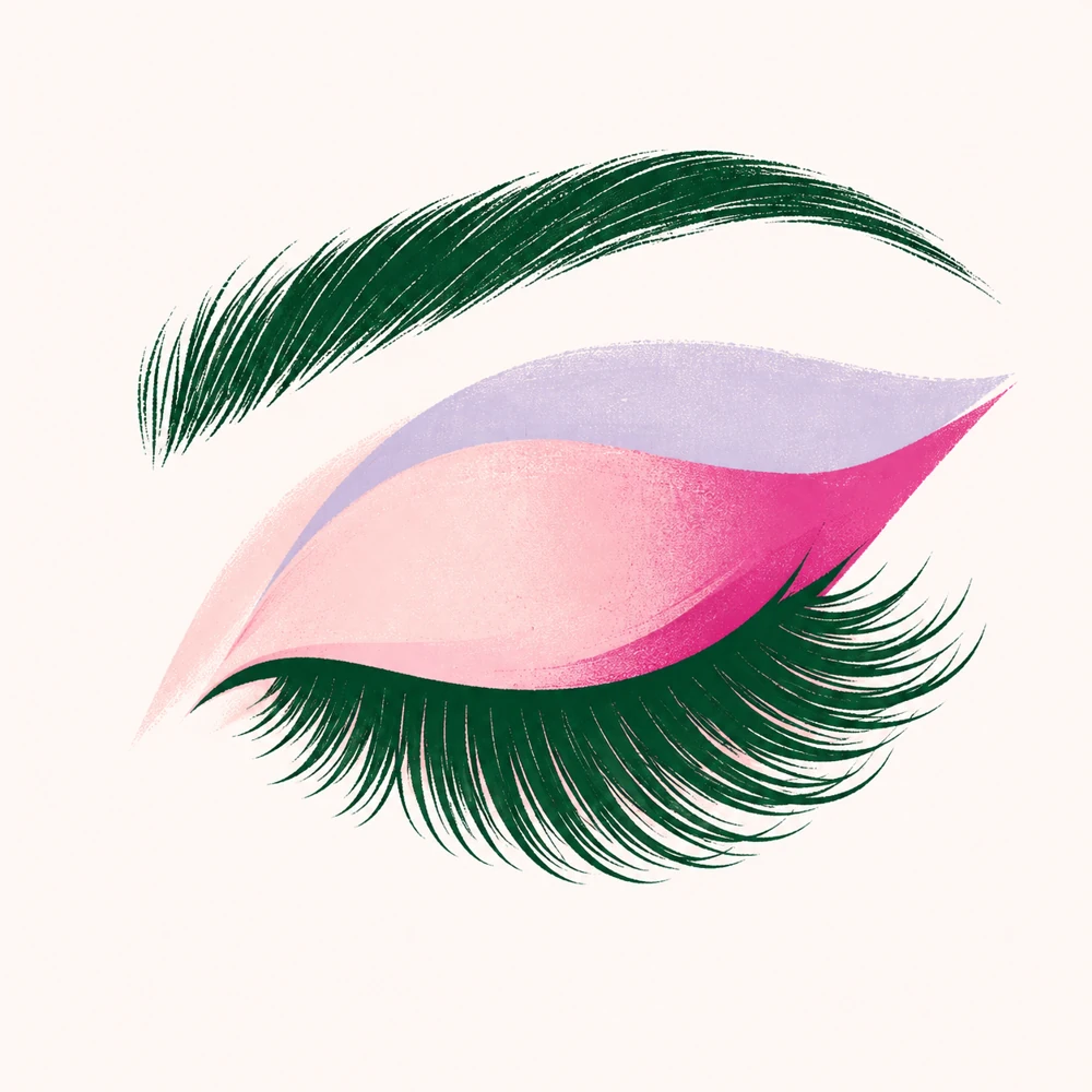 KI-Illustration: Wimpern und Volumen in Pink, Grün und Flieder